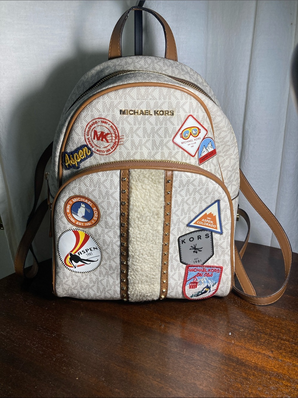 Michael Kors Cream Logo Aspen  Patch Backpack with Tan Trim